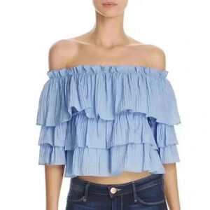 Aqua Women's Sky Blue Rayon/Nylon Off the Shoulder Cropped Ruffle Shirt